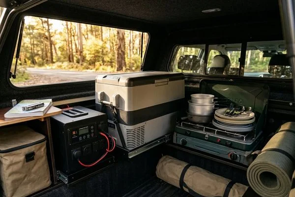 Vehicle interior with fridge and battery system