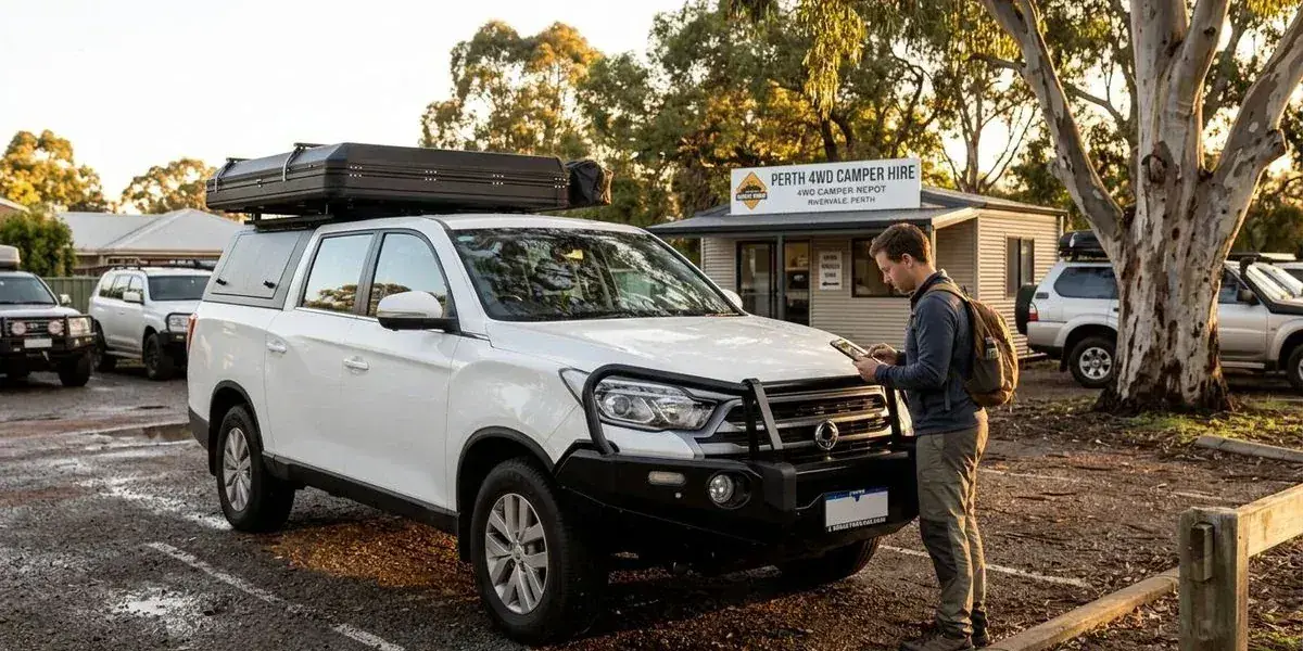 A 4WD camper hire vehicle parked at the Perth pickup location in Cloverdale with a customer completing the vehicle check-in inspection process before departure
