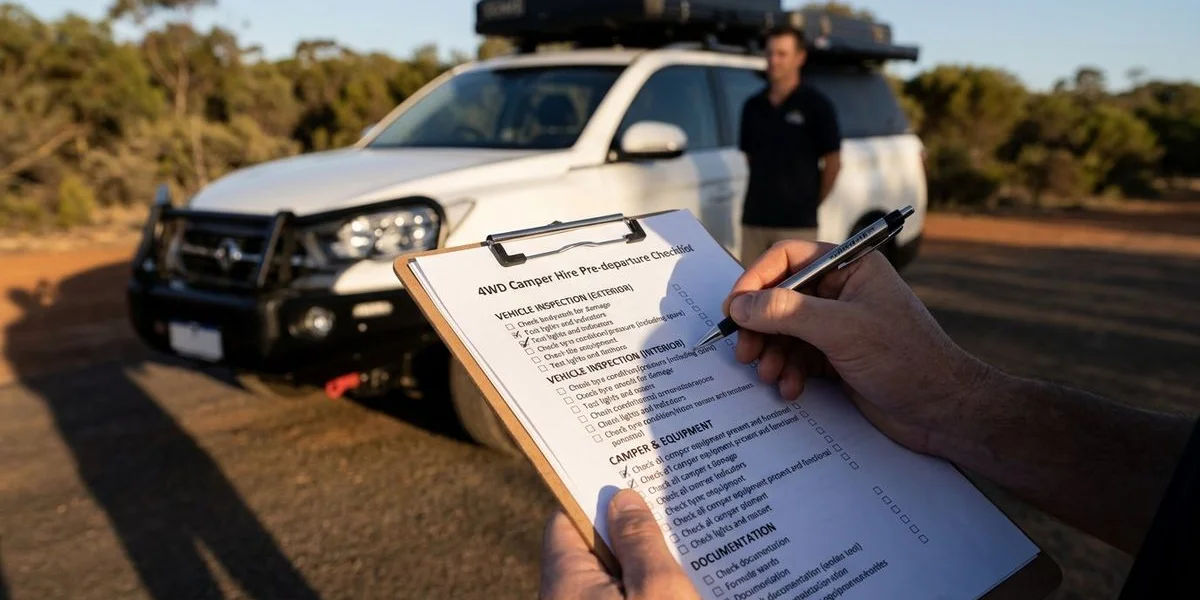 Close-up of 4WD camper hire checklist being completed during vehicle inspection at pickup showing detailed condition documentation