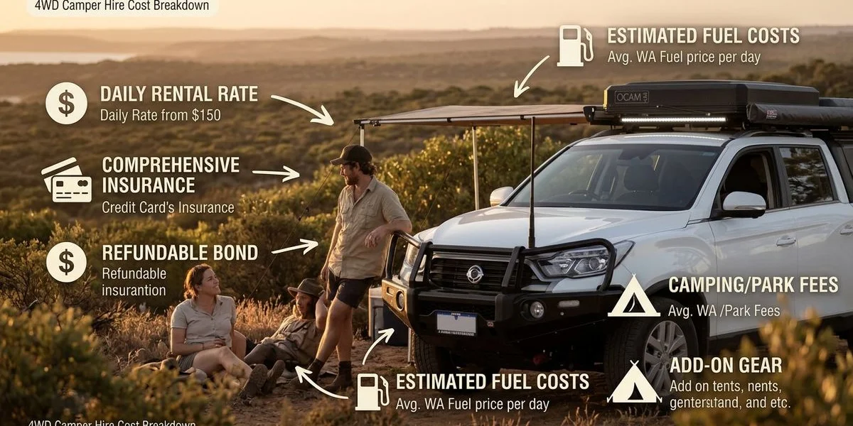 Detailed breakdown infographic of all costs involved in 4WD camper hire including daily rate insurance bond fuel and camping fees