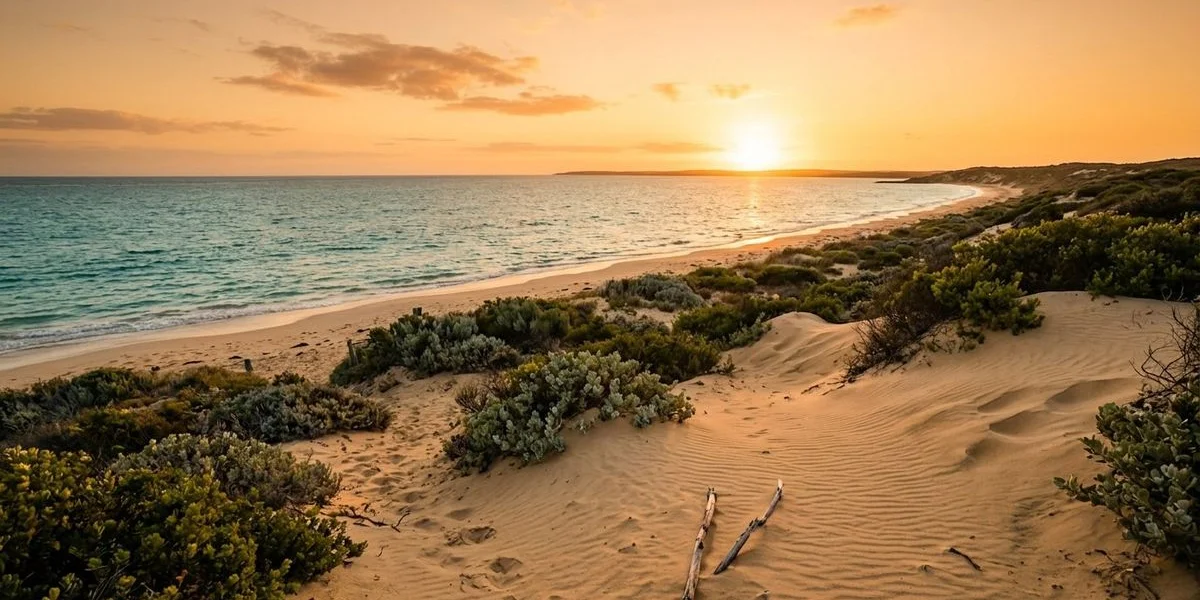 Golden sunset over the Indian Ocean viewed from a sandy Western Australian beach with coastal scrubland and calm waters reflecting warm light