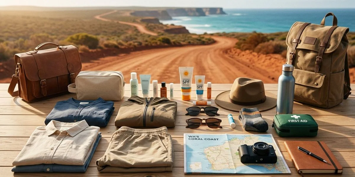 Neatly organised packing layout for a Western Australia road trip showing clothing toiletries sunscreen and personal items spread on a clean surface