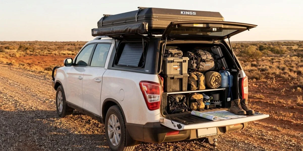 Packed and ready 4WD camper with gear organised in storage boxes and soft bags in the tray showing efficient packing for extended WA road trip