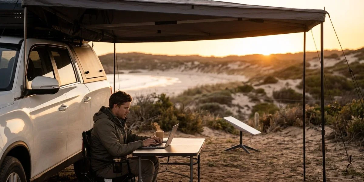 Person working on laptop under a 4WD camper awning at sunset with a mug of coffee and Starlink dish in the background at a coastal campsite