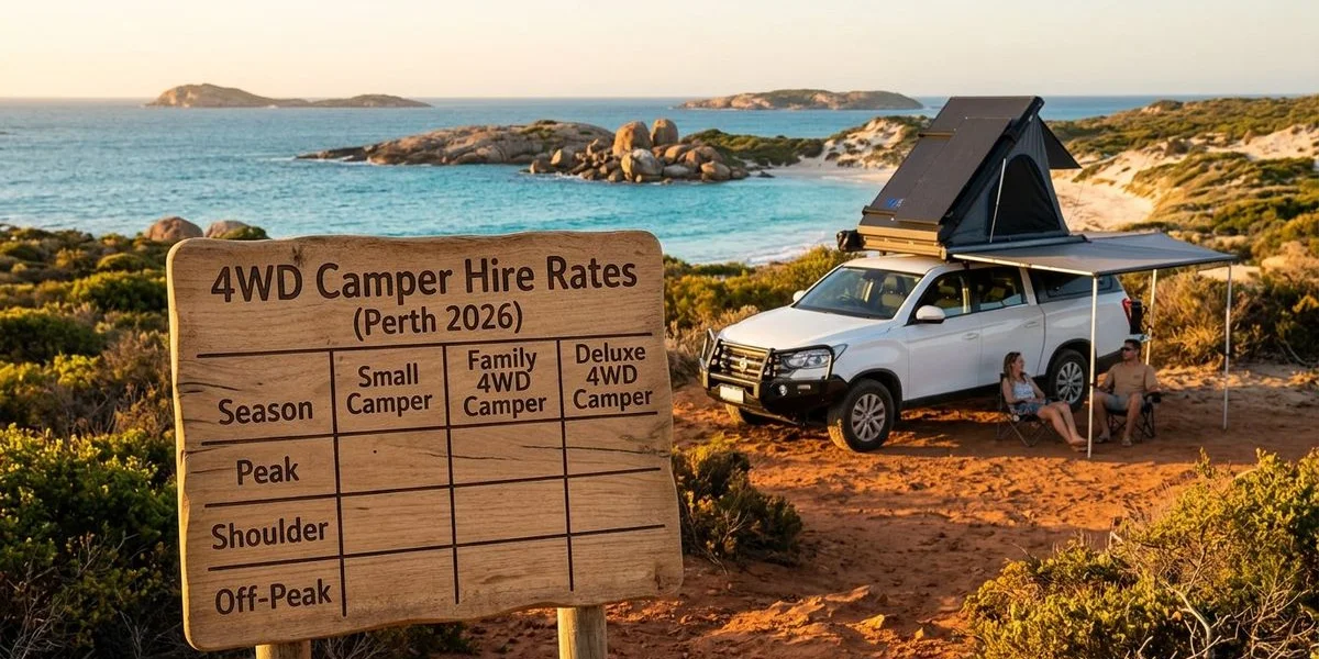 A price comparison chart showing 4WD camper hire rates in Perth across peak shoulder and off-peak seasons for 2026