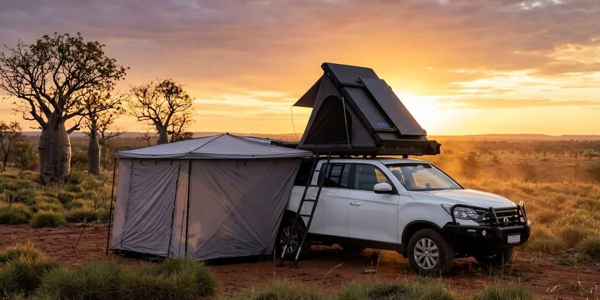 A rooftop tent deployed on a 4WD ute at sunset in the Western Australian outback with red earth and spinifex grass in the background