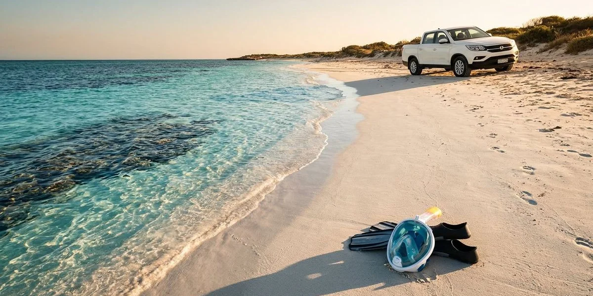 Snorkelling gear on white sand beach with turquoise WA ocean