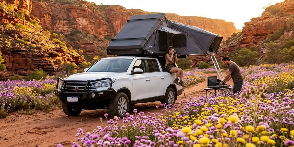 Vibrant wildflowers in purple and yellow covering the landscape at Kalbarri National Park Western Australia with red gorge cliffs in background