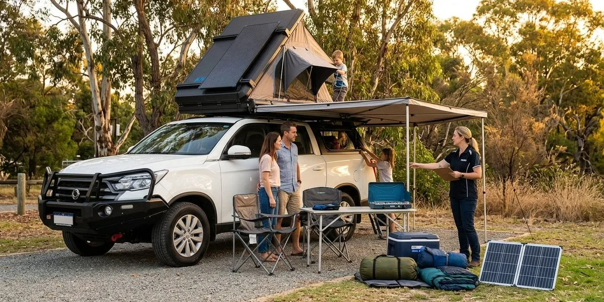 A well-maintained 4WD dual-cab ute camper being inspected before hire in Perth with all camping gear laid out beside the vehicle
