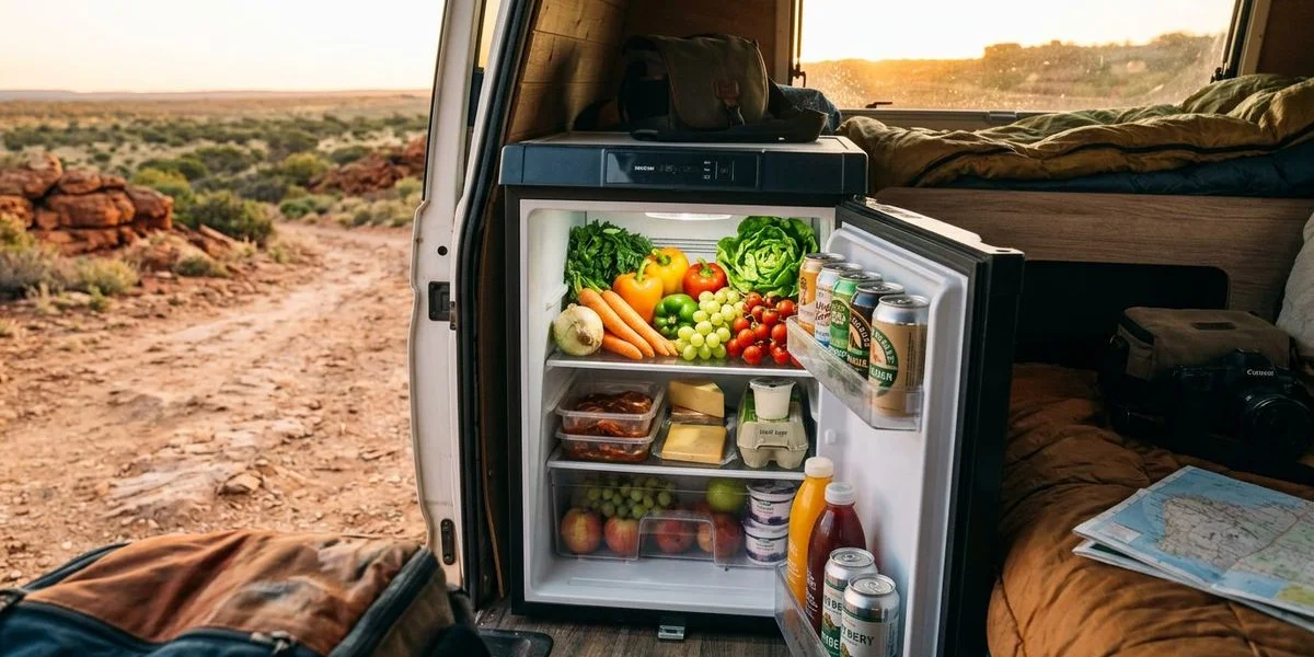 Well-stocked 12V fridge inside a 4WD camper showing organised fresh food vegetables and drinks ready for a multi-day Western Australia road trip