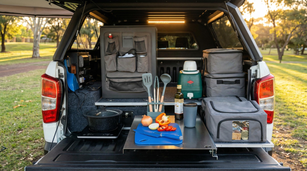 Camping gear and kitchen setup inside the canopy