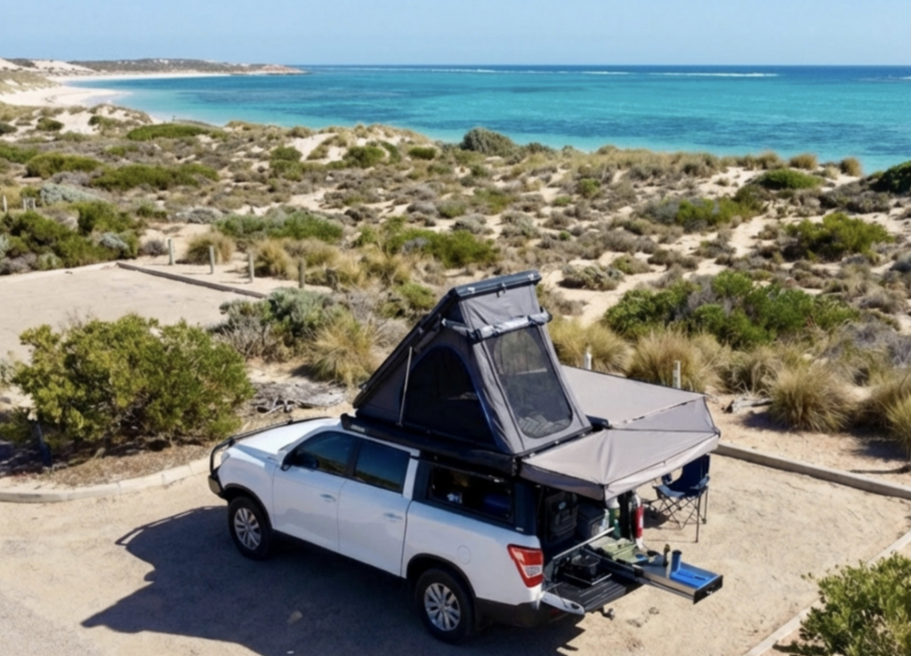 OFFGRID Wanderer set up at the coast with rooftop tent and awning